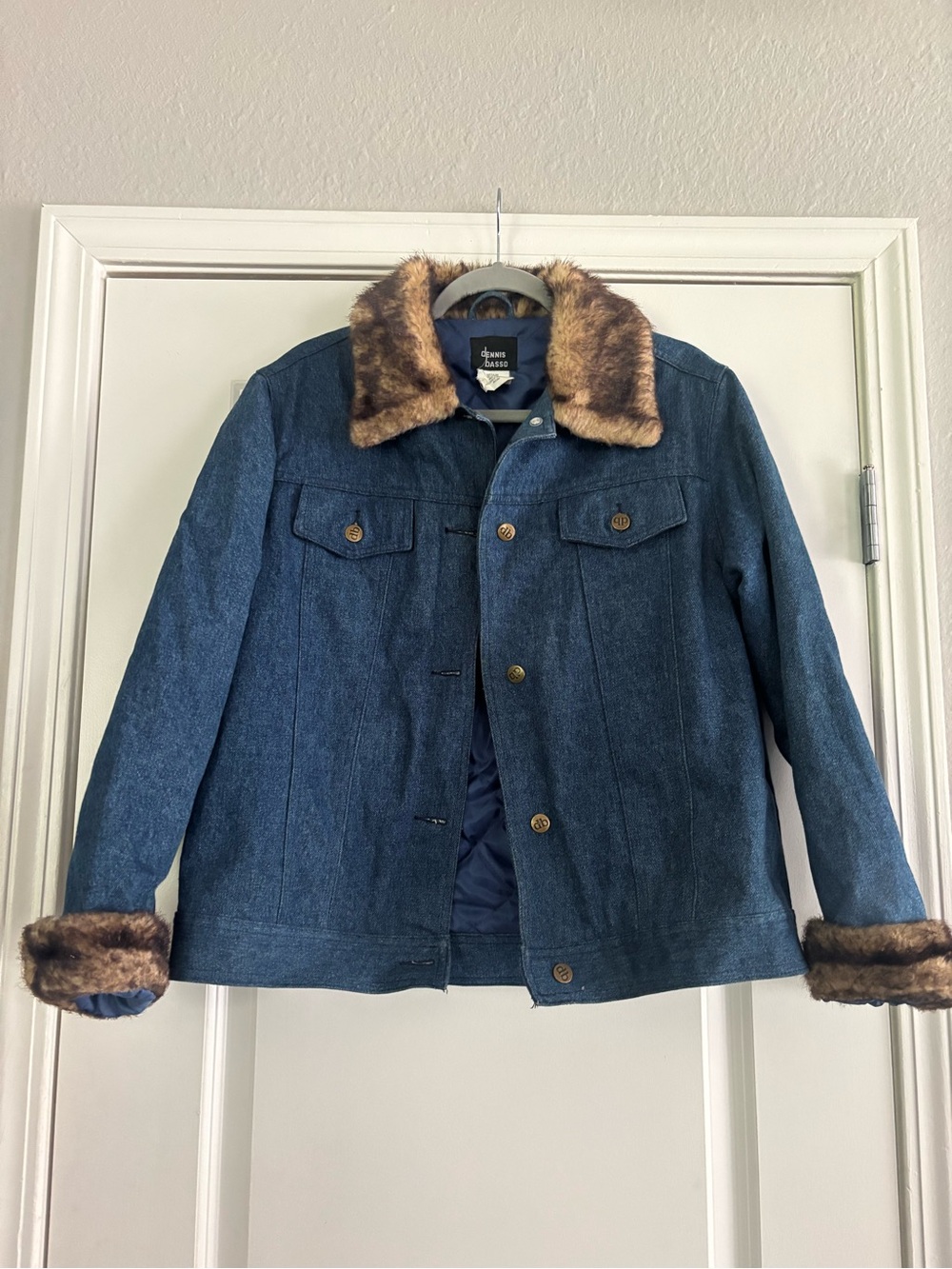 Dennis Basso Jacket Womens Large Blue Denim Faux Fur Collar Cuffs Size Medium